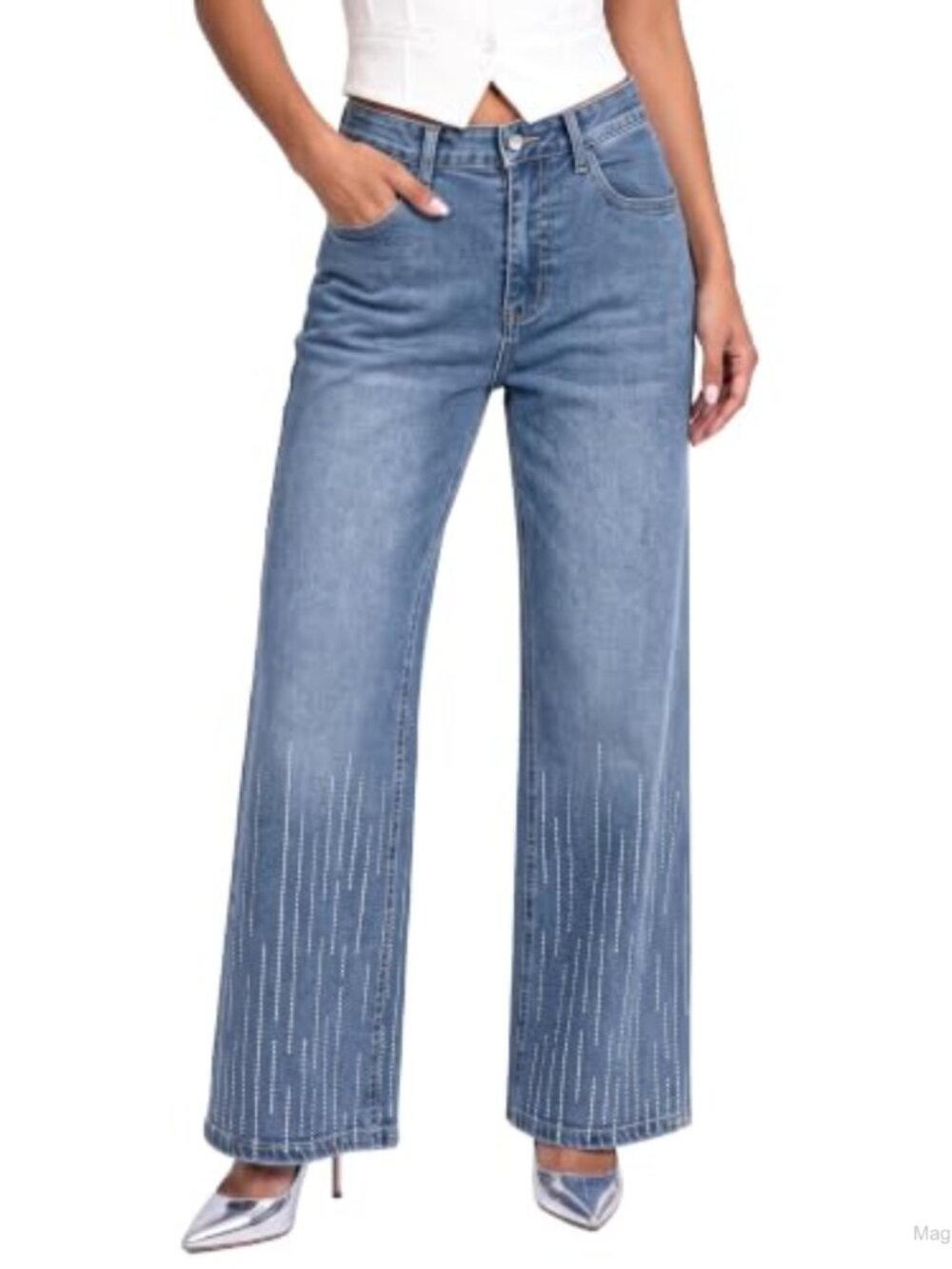 High Waist Wide Leg Sparkly Rhinestone Jeans Womens Denim Pants